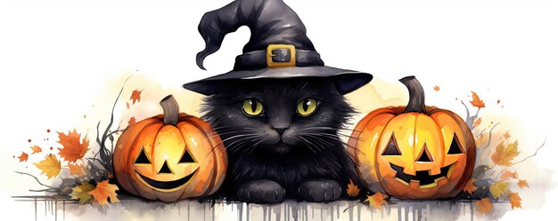 Gato preto com abóboras no tempo de Halloween ilustrado