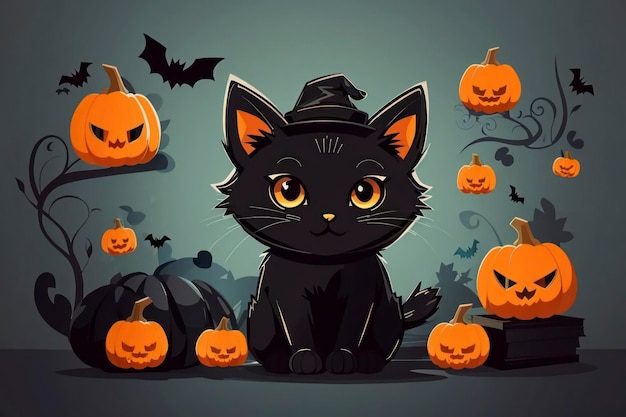 Gato preto com cabeça de abóbora no estilo Doodle de desenho animado