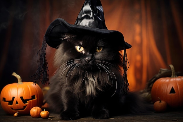 gato preto com chapéu escuro e capa contra um fundo com tema de Halloween cheio de abóboras