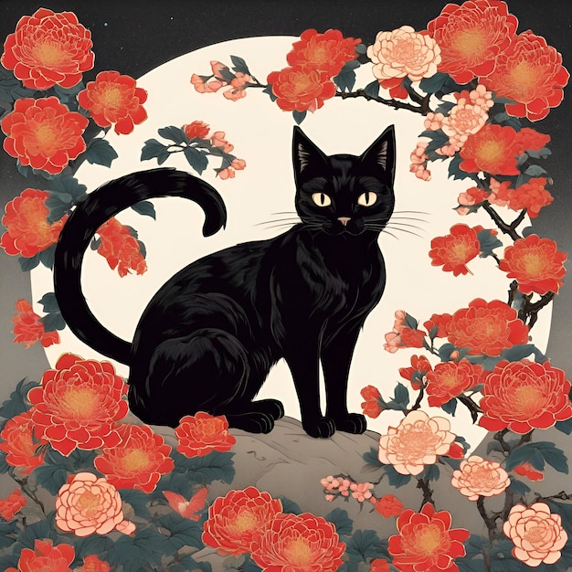 Gato preto com flores vermelhas ilustração em estilo oriental