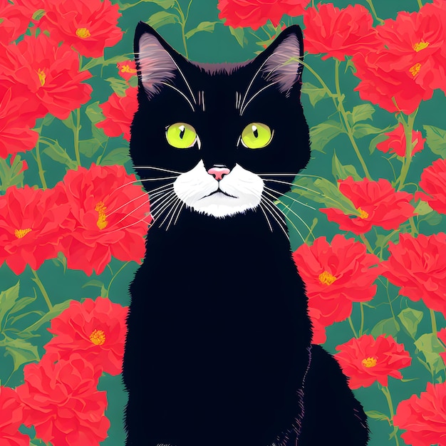 Gato preto com flores