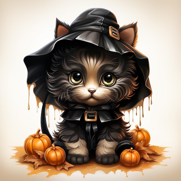 Gato preto com ilustração de Halloween de abóboras