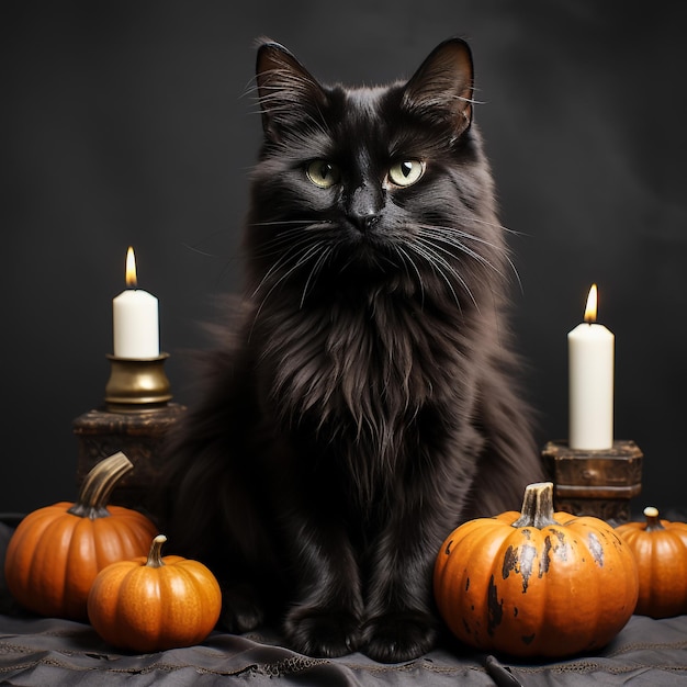 Foto gato preto com ilustração de halloween de abóboras