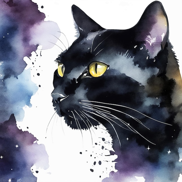 Gato preto com manchas pretas Ilustração isolada pintada à mão em aquarela