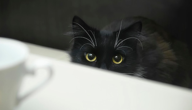 Gato preto com olhos amarelos na mesa Pronto para comer Foco nos olhos