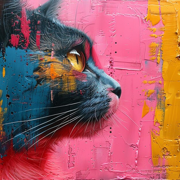 Gato preto com olhos azuis em fundo colorido abstrato Pintura digital