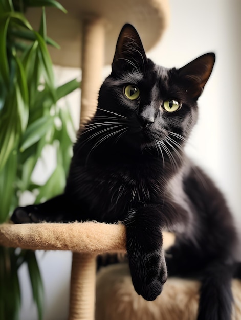 Gato preto com olhos verdes sentado em uma cadeira na sala gerada por Ai