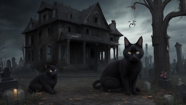 Gato preto contra velha casa assombrada abandonada e sepultura