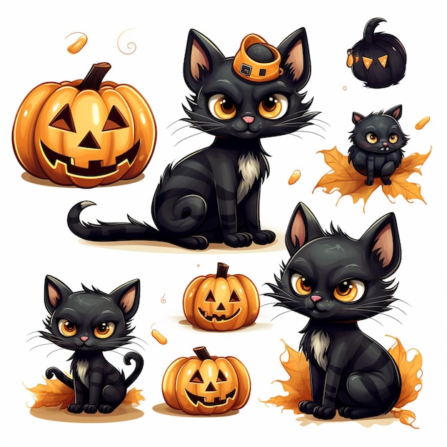 gato preto de desenho animado com abóboras e jack o lantern generativo ai