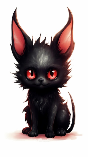 gato preto de desenho animado com olhos vermelhos sentado em uma superfície branca