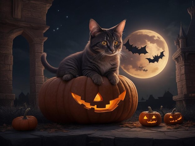 Gato preto de desenho animado sentado em uma abóbora com um chapéu de Halloween