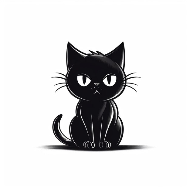 Gato preto de desenho animado sentado no chão com os olhos bem abertos