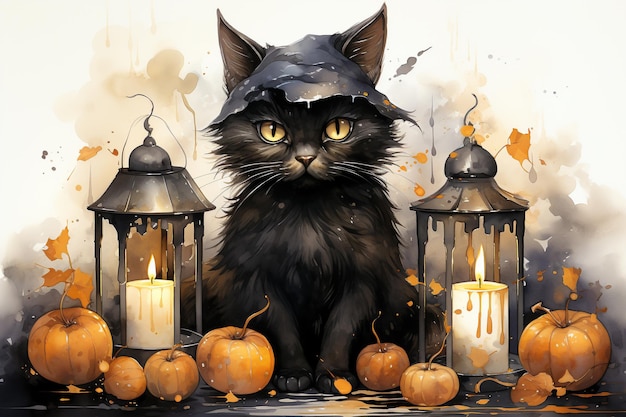 Gato preto de Halloween com velas e abóboras Ilustração a aquarela