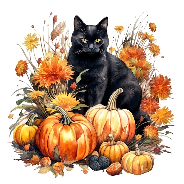 Gato preto de Halloween em aquarela com abóboras e flores em fundo branco