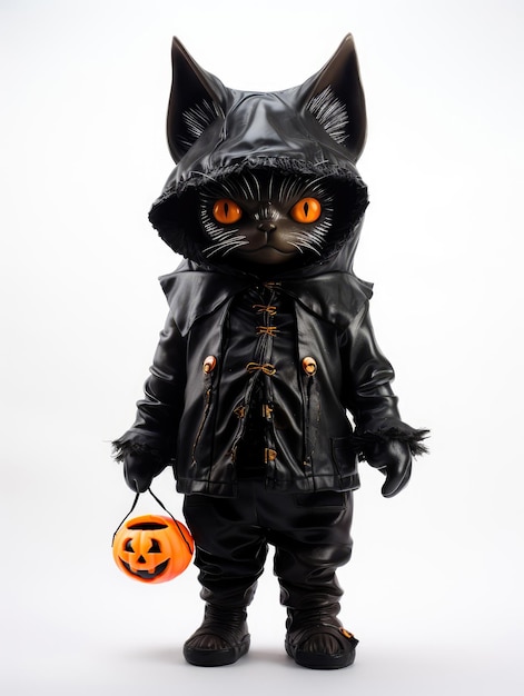 Gato preto de Halloween em uma fantasia de couro preto com uma abóbora isolada em fundo branco