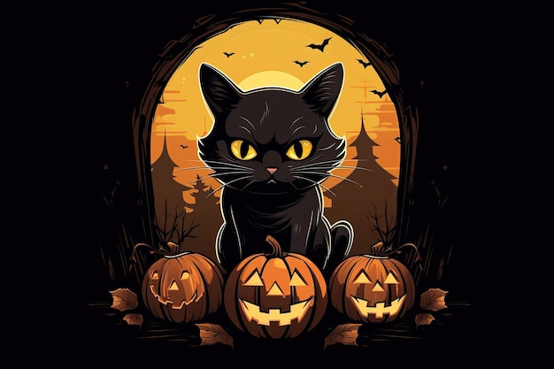 Gato preto de Halloween sentado ao luar com uma abóbora