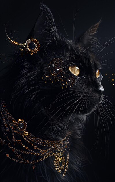Foto gato preto doméstico com jóias de ouro