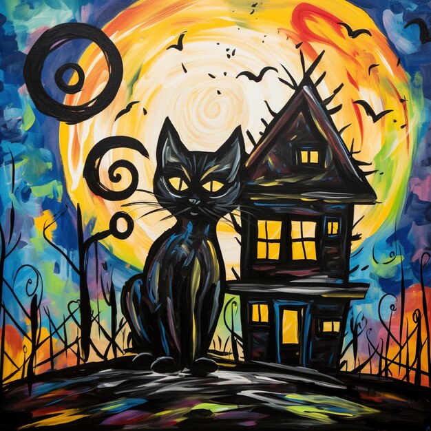 Gato preto e pintura de casa mal-assombrada