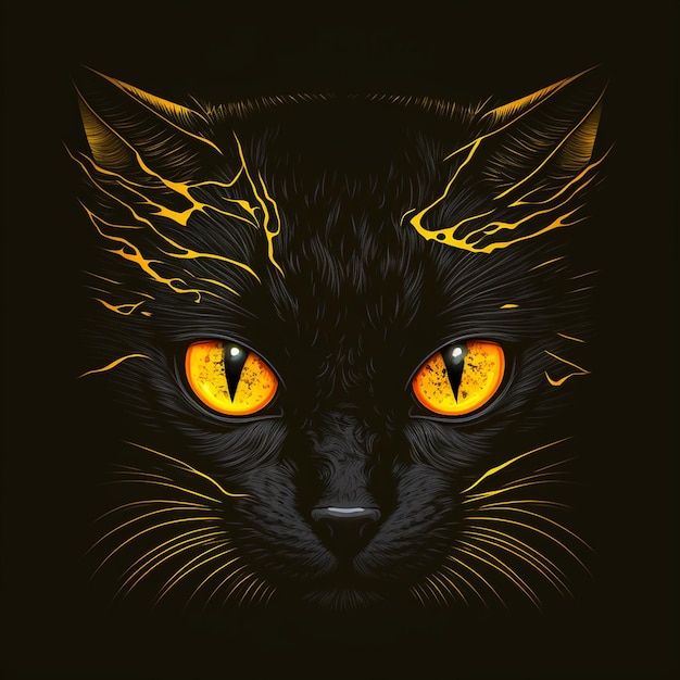 Gato preto em fundo preto com olhos amarelos brilhantes