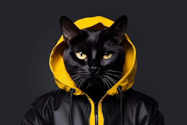 Gato preto em jaqueta amarela e de couro à moda conceito à moda gerado pela IA
