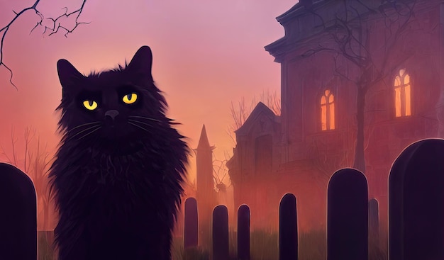 Gato preto em um cemitério à noite em frente à casa assombrada ilustração digital de fundo Halloween