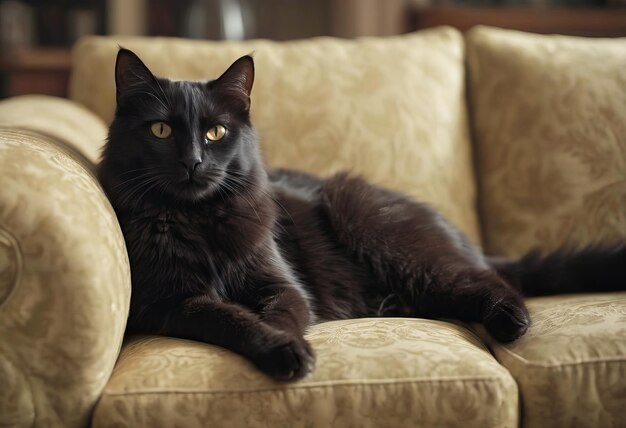 Gato preto em uma poltrona com marcas de desgaste na frente da janela em um dia quente