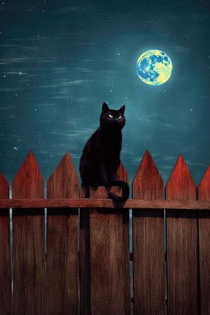 Gato preto empoleirado em uma cerca com um cenário de lua cheia criado com IA generativa