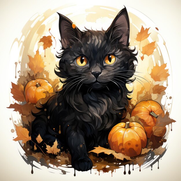 gato preto gatinho gatinho Halloween ilustração obra de arte assustador horror isolado tatuagem fantasia desenho animado