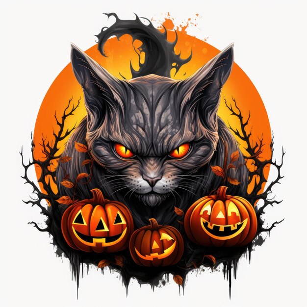gato preto gatinho retrato ilustração de Halloween assustador horror desenho tatuagem isolado adesivo fantasia