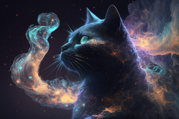 Gato preto mágico com galáxias espirais espaço nebulosa estrelas fumaça gráfico