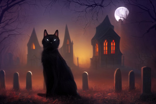 Gato preto malvado com olhos brilhantes em um cemitério à noite ilustração digital de fundo Halloween