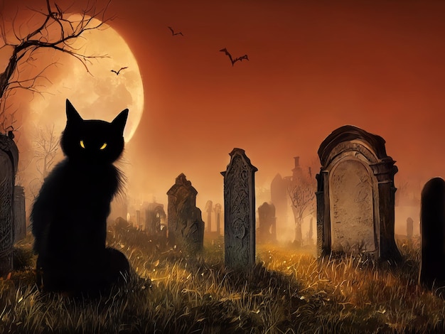 Gato preto malvado sentado em um cemitério contra a lua cheia ao entardecer ilustração digital de fundo de Halloween com espaço de cópia