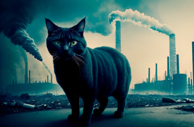 Gato preto no fundo da indústria poluidora Pobre gatinha andando com ar envenenado Generative AI