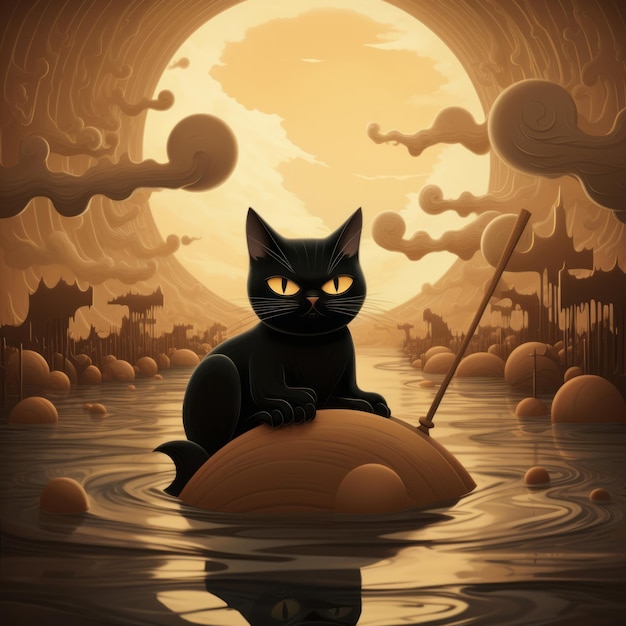 Foto gato preto sentado dentro de uma abóbora de halloween