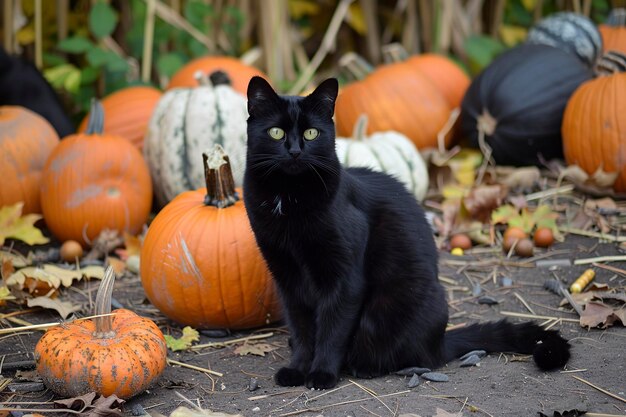 Gato preto sentado em um campo de abóboras