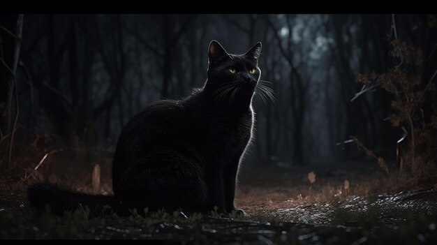 Gato preto sentado na floresta escura generative ai
