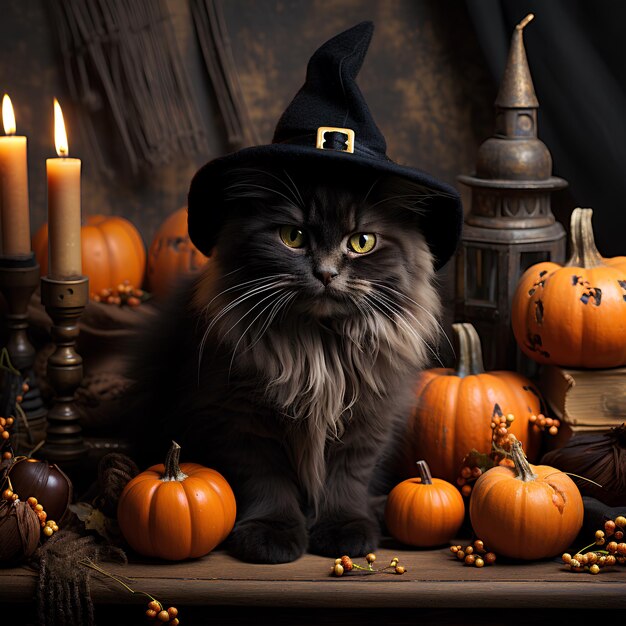 Foto gato preto vestindo um chapéu de bruxa gato de halloween