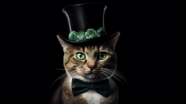 Un gato que lleva un sombrero de copa y una corbata de moño está parado frente a un ai generador de fondo negro