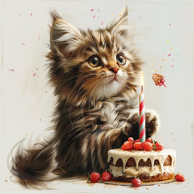 Foto un gato que está mirando un pastel de cumpleaños