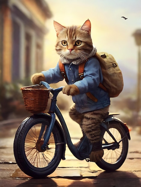 Foto gato que usa una bicicleta