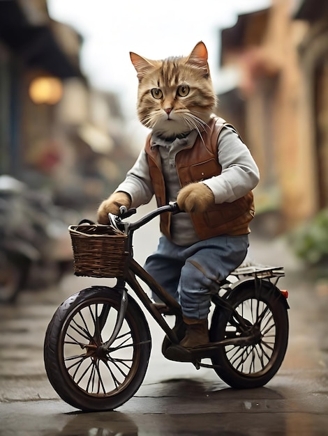 Foto gato que usa una bicicleta