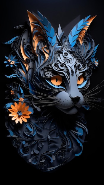 Gato Quilling de papel em azul, preto e laranja