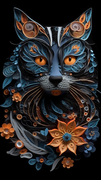 Gato de quilling de papel en azul, negro y naranja