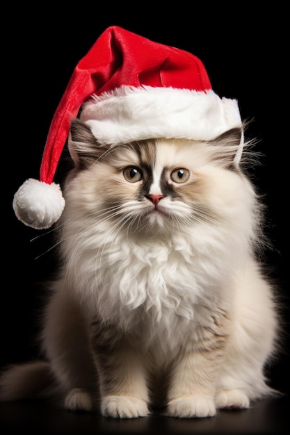 Gato Ragdoll de Natal vestindo barba fofa de Papai Noel e boné isolado em um fundo branco