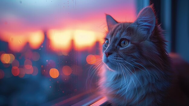 Gato ragdoll em um apartamento de luxo highrise vista do crepúsculo