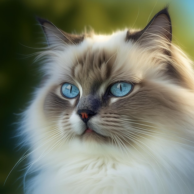 Gato ragdoll de ojo azul realista sobre un fondo natural al aire libre deslumbrante