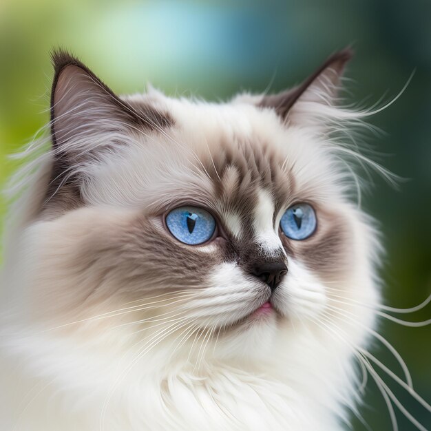 Gato ragdoll de ojo azul realista sobre un fondo natural al aire libre deslumbrante