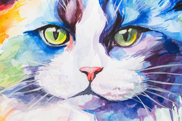 Gato Ragdoll pintado em aquarela em um fundo branco de forma realista colorido arco-íris ideal