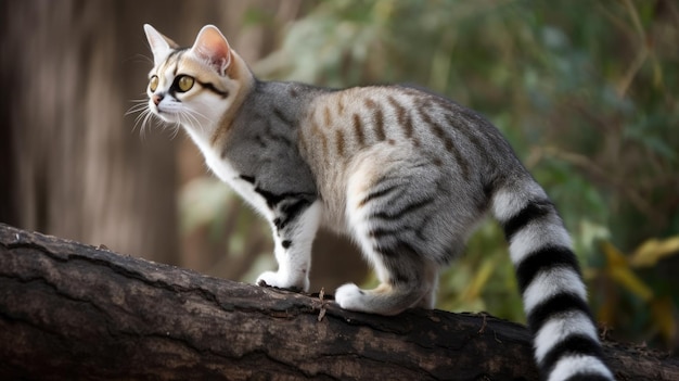 Un gato en una rama mirando a la cámara.