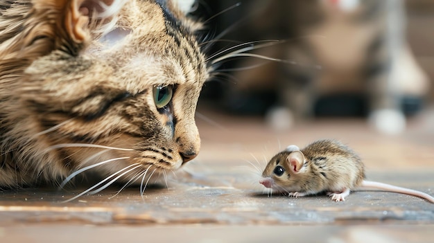 Un gato y un ratón se están mirando fijamente